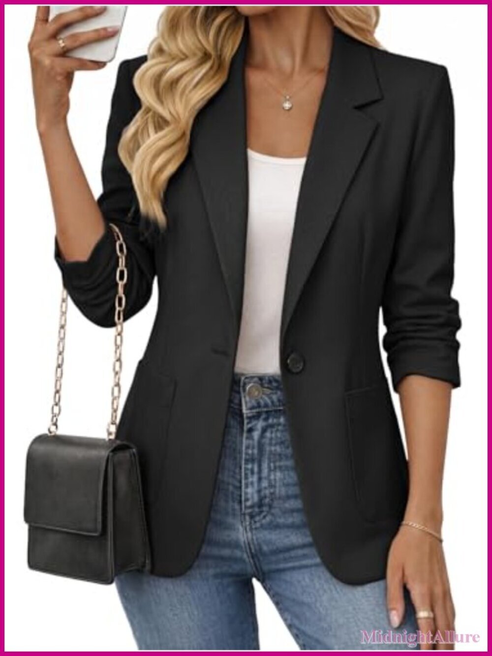 Women's 3/4 Ruched Sleeve Blazer - Lightweight Breathable Lined Office Jacket